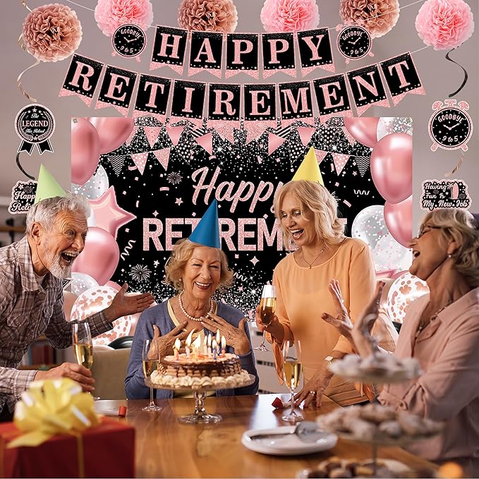 DARUNAXY Rose Gold Retirement Decorations for Women, Happy Retirement Banner, Pink Officially Retired Hanging Swirl The Legend Has Retired Sash Tissue Paper Pom Poms Party Supplies(31PC)