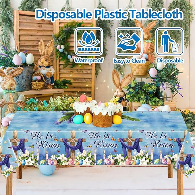 4 Pcs Easter Plastic Tablecloth, Religious He is Risen Tablecloths Rectangle Disposable Table Cover for Home Picnic Dinner Easter Party Decoration, 54 x 108 Inch