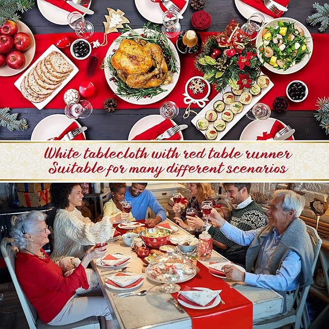 12Pack 12x108 Inch Satin Table Runner and 54x108 Inch Plastic Tablecloths Set Red and White Disposable Rectangle Table Cover for Graduation Wedding Bridal Shower Anniversary Birthday Party Decorations