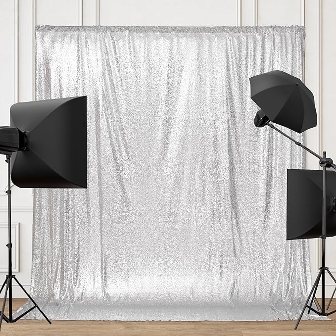 PartyDelight Silver Sequin Backdrop 6x7ft - High Density 3mm Shimmer Sequin Background with 4-Inch Rod Pocket, Sparkly Photography Curtain for Birthday, Disco, TikTok & Live Decor