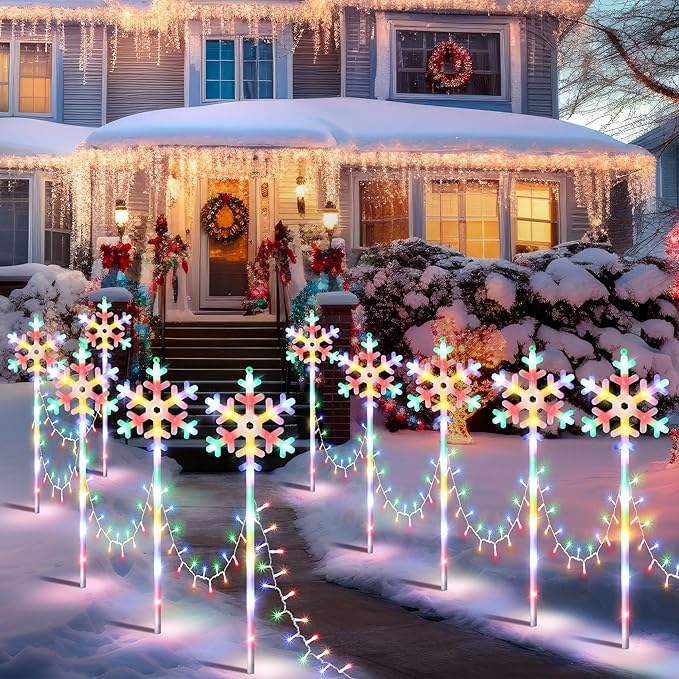 10 Pcs Christmas Snowflake Pathway Stake Lights for Outdoor Yard, 370 Bright LEDs Waterproof Large Christmas Snowflake Light Decoration for Garden Lawn Driveway Walkway Decor(Colorful)