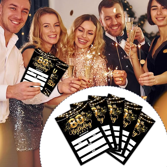 80th Birthday Invitations, Birthday Party Invitations For Women Men, 80 Year Old Birthday Invites, Black Gold Birthday Party Decorations Favors, 20 Invitations with 20 Envelopes - C02