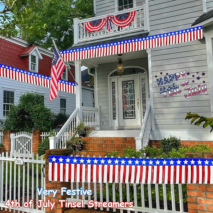 4 Pack 39Ft 4th of July Parade Floats for Trailer Car, Flag Stripes and Stars Foil Fringe Garland Tinsel Streamers Banner Table Skirts for 4th of July Graduation Homecoming Birthday Party (Star)