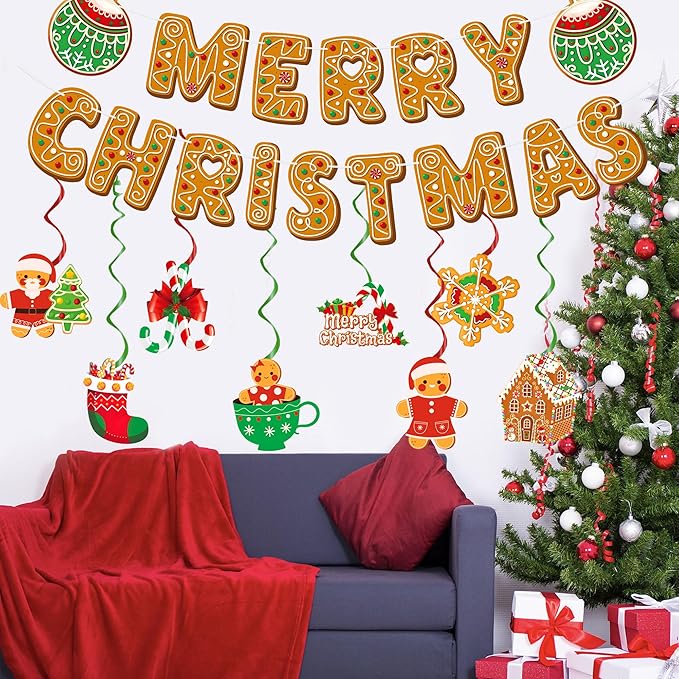 Gingerbread Man Christmas Decorations Set with Merry Christmas Banner Hanging Swirls Garland and Ceiling Streamers for Xmas Holiday Party Supplies Home Office Fireplace Decoration
