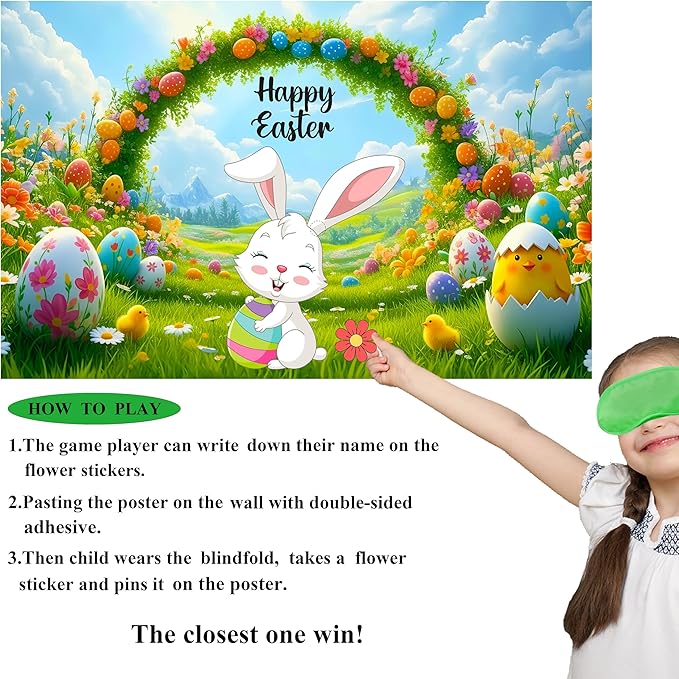 Pin The Flower on The Bunny Easter Games Easter Party Games Easter Rabbit Game with Reusable Stickers Egg Hunt Activities Party Favors Supplies