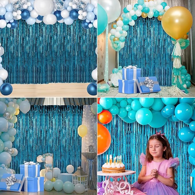 4 Pack Baby Blue Foil Fringe Curtains Door Streamers Party Decorations 3.3 x 8.2 ft, Tinsel Curtain Fringe Backdrop for Parties, Door Fringe Birthday Streamers, Photo Booth Backdrops, Party Decor