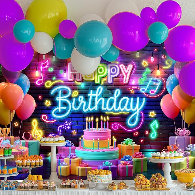 Imirell Neon Happy Birthday Backdrop 7Wx5H Feet Music Party Graffiti Splash Paint Colorful Notes Lights Brick Wall Polyester Fabric Balloons Photography Backgrounds Photo Shoot Decor Props Decoration