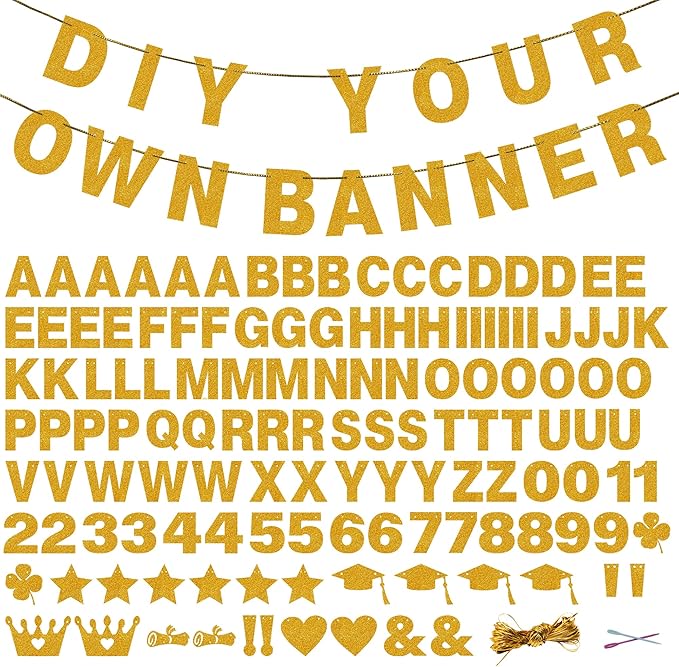 131 PCS Custom Banner Glitter DIY Letter Banners Personalized Banner for Birthday Congratulations Wedding Party Golden Glitter 5-inch