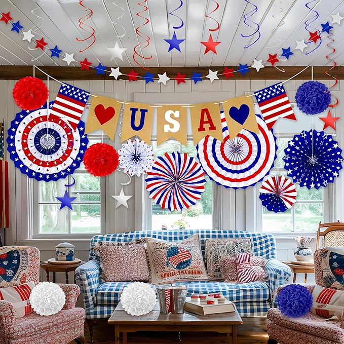 26 PCS 4th of July Decorations, 250th Memorial Day Red White Blue Paper Fans Decorations, 4th of July Banner Pompom Garland and Hanging Swirls Set for Fourth of July Independence Day Decor