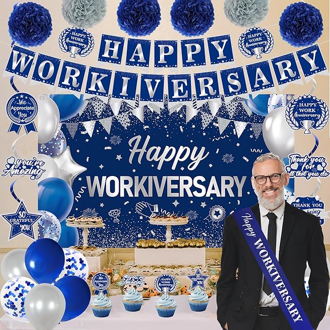 DARUNAXY Happy Workiversary Party Decorations for Men Women, Blue Silver Happy Work Anniversary Banner Cake Topper Hanging Swirl Confetti Balloons Decor Set for Employee Office Party Supplies(31PC)