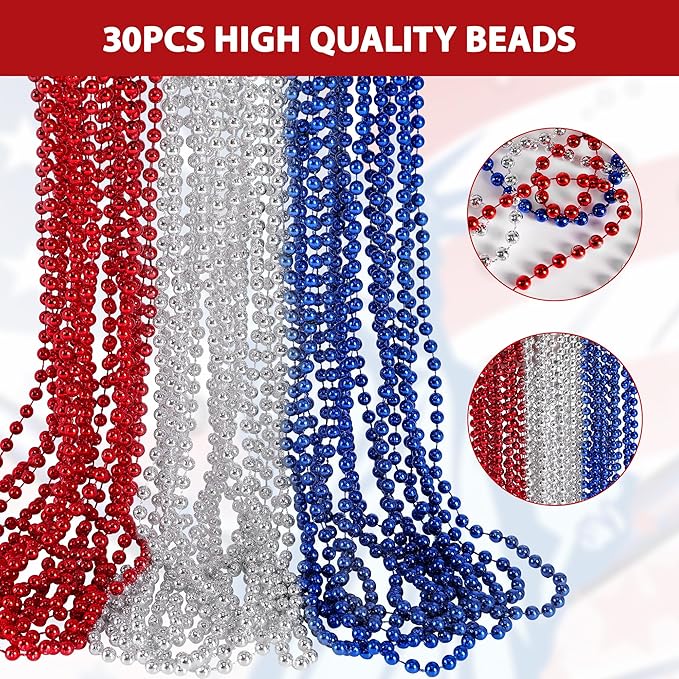 HOOSUN 4th of July Beads Necklaces,30 Pcs Patriotic Beads Necklaces Fourth of July Decorations Party Favors,Red Silver and Blue Accessories Beads for Memorial Day Decorations,Party Decor Supplies