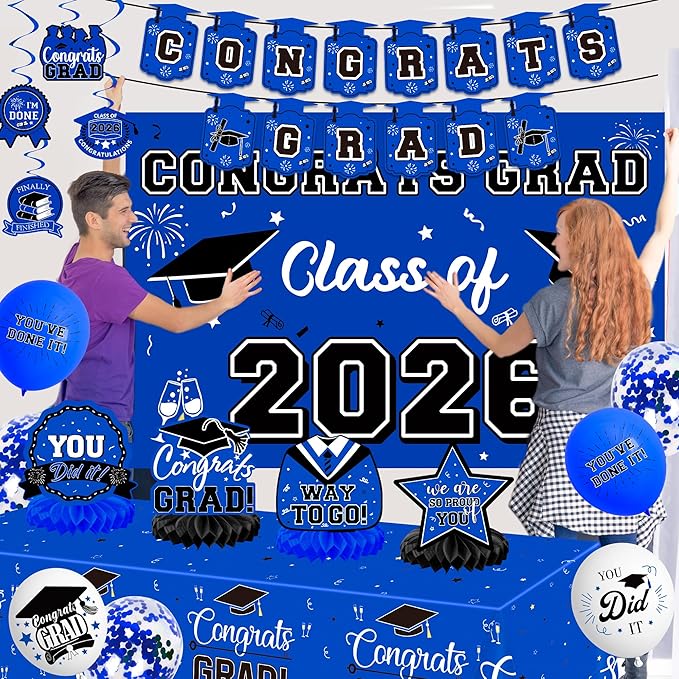 Graduation Decorations 2026, Class of 2026 Backdrop, Banner, 2026 Foil Balloons, Tablecloth, Hanging Swirls, Honeycomb Centerpieces, Party Supplies Decorations Set for College (BLUE)