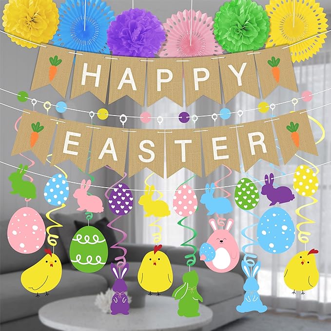 Easter Animal Party Decorations Set for Home: Happy Easter Banner Egg Bunny Hanging Swirls Yellow Purple Green Pom Pom Ornaments Spring Decor for Indoor Birthday Party Supplies