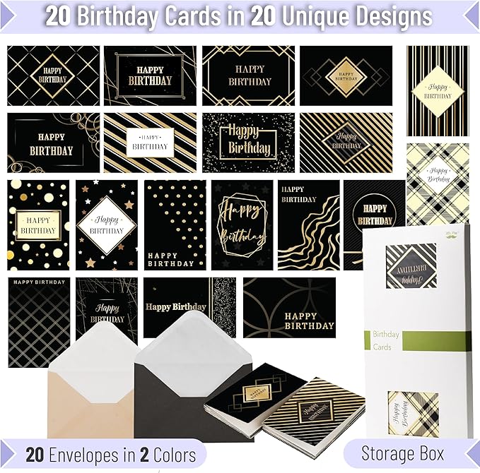 Mr. Pen- Birthday Cards with Envelopes, 20 Pack, 4" x 6", Black with Gold Foil, Blank Inside, Greeting Cards Birthday