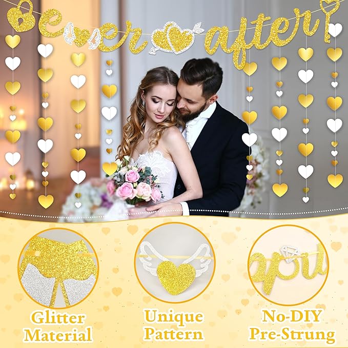 Pre-Strung Glitter Wedding Banner with Heart Garland, Wedding Shower Decorations for Bachelorette Bridal Shower Just Married Engagement Party