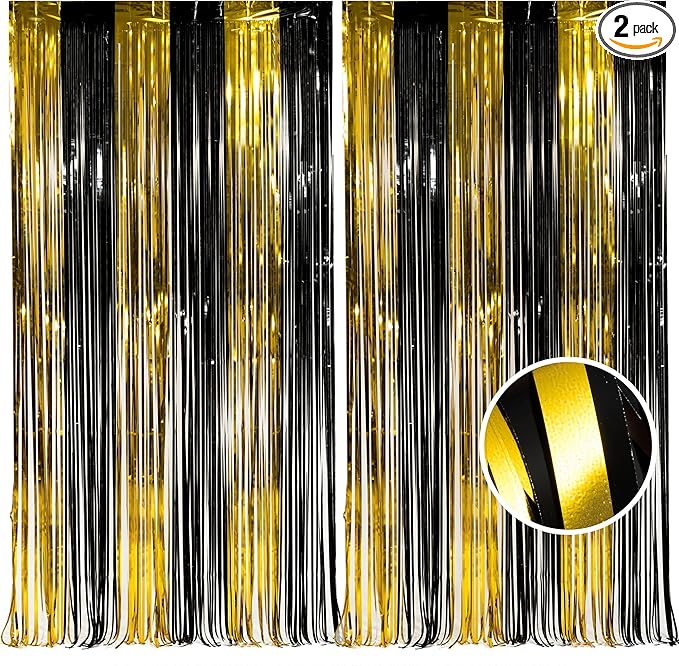 BRAVESHINE 3.2 x 8.2ft Black Gold Foil Fringe Curtains - 2 Pack Tinsel Photo Booths Party Streamers Backdrop for New Years/Boy/Men/Birthdays/Engagement/Homecoming/Farewell/Prom/Christmas Decorations
