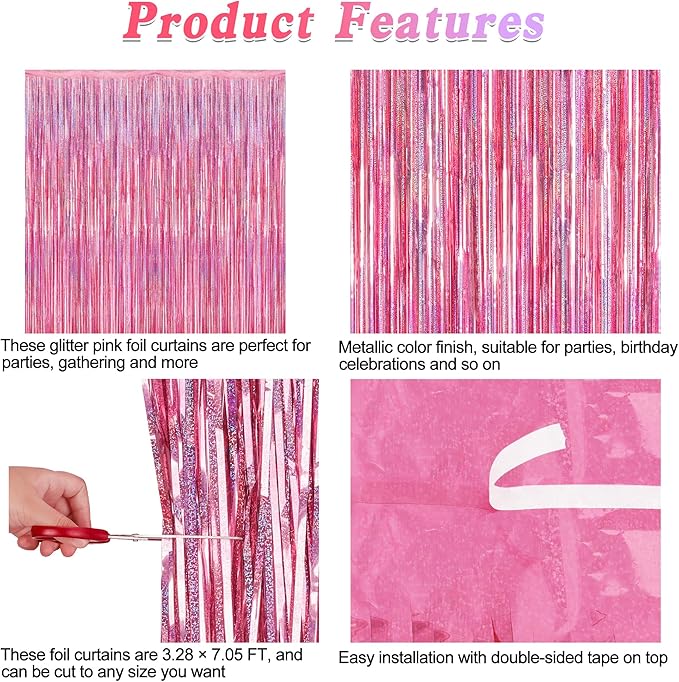 2 Pack Glitter Pink Backdrop, 3.28 FT x 7.05 FT Birthday Party Decorations, Laser Pink Fringe Curtains Foil Streamer Tinsel, Pink Curtains Photo Backdrop Happy Birthday Valentines Day Backdrop