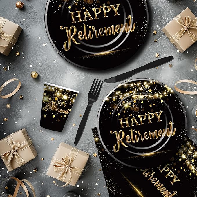 Retirement Decorations Party Supplies, Gold Black Happy Retirement Party Decorations Tableware For Men Women, Paper Plate, Napkin, Cup, Cutlery, Tablecloth, 24 Guests