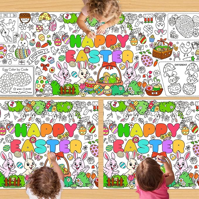 3 PCS Easter Coloring Tablecloth, Easter Crafts for Kids, 72" x 30" Giant Paper Coloring Table Cloth Banner for Gifts Activities, Fun DIY Art Easter Decorations Supplies for Family School Party Games