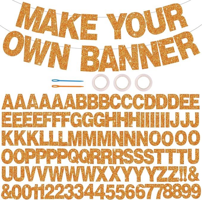BEISHIDA 116 PCS A-Z DIY Letter Banner Kit Make Your Own Banner Glitter Orange Including 111 Letters and Numbers 3 Rope and 2 Threading Device,Customized for Birthday Graduation Party Decor
