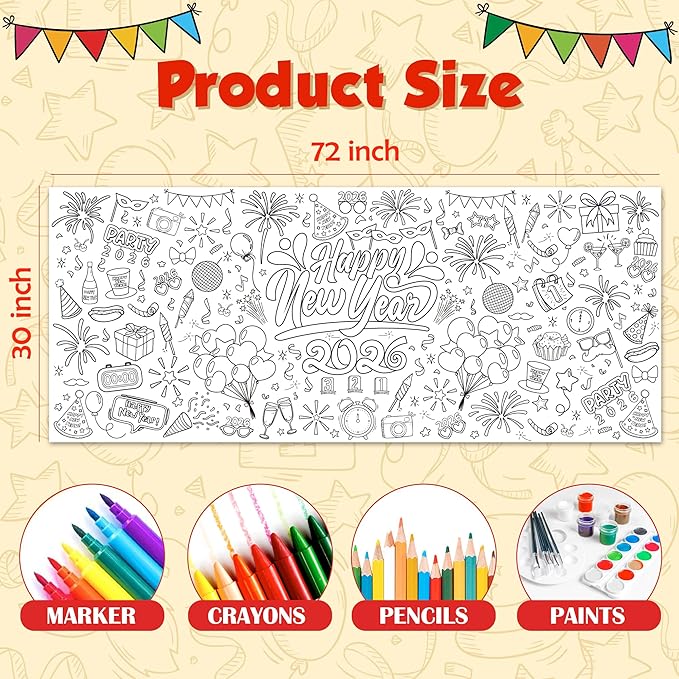 OHOME Happy New Year Giant Coloring Poster/Tablecloth - New Years Decorations 2026-30 x 72 Inches Jumbo Coloring Banner Kids Crafts Activities Party Decorations | New Years Eve Party Supplies
