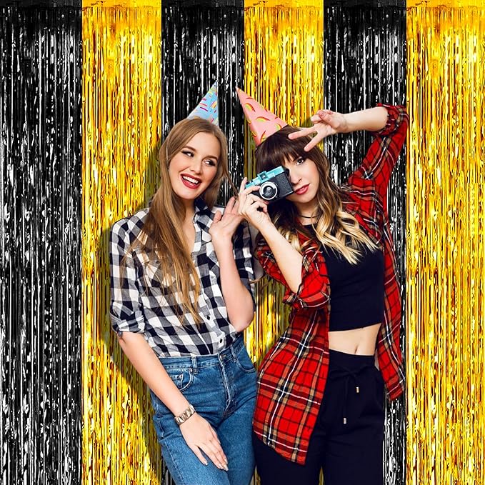 4 Pack 3.2Ft x 9.8Ft Black Gold Foil Fringe Curtain Backdrop, Metallic Tinsel Foil Fringe Streamers Curtains Background for Photo Booth, Birthday, Wedding, Graduation Party Decoration