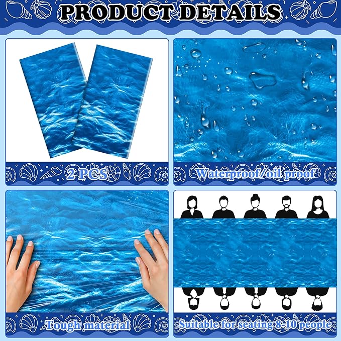 OHOME 2 Pack Beach Party Decorations - Ocean Waves Plastic Tablecloth for Pool Party Decorations - Sea Water Print Table Cover for Summer Birthday Beach Theme Blue Backdrop Banner