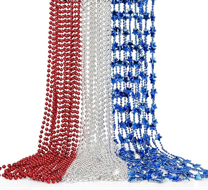 HOOSUN 4th of July Beads Necklaces,24 Pcs Patriotic Beads Necklaces Red Silver and Blue Accessories,Fourth of July Decorations,Memorial Day Accessories for Party Favors, Parades,Party Decor Supplies