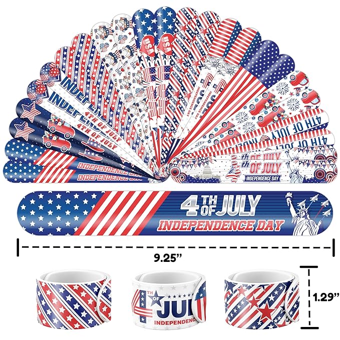 72 PCS Fourth of July Party Favors - 48 Temporary Pre-Cut Tattoos & 24 Slap Bracelets - Party Favors for Boys & Girls, Birthday Goodie Bag Fillers, Baby Shower Gifts, Classroom Rewards