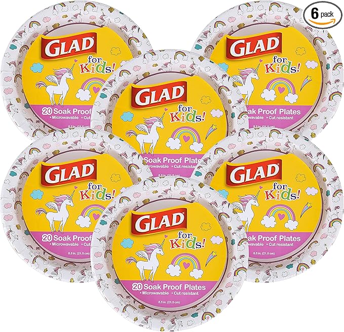 Glad for Kids Unicorn Theme Kids Plates, Heavy-Duty Round Disposable Paper Plates with Soak-Proof Coating, Microwave Safe for Snacks & Meals, Cute Unicorn Print, 8.5 Inch, 20 Count - 6 Pack