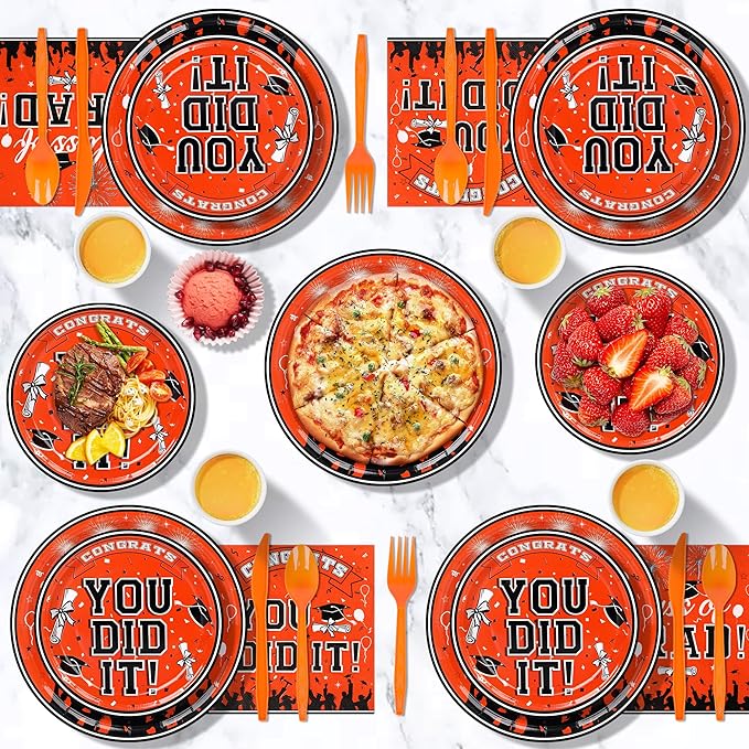 175PCS Graduation Plates and Napkins Set 2026 Graduation Party Supplies Tableware Set Include Paper Plate Napkin Cup Knife Fork Spoon for Grad Party Decor Serve25 (Orange and Black)