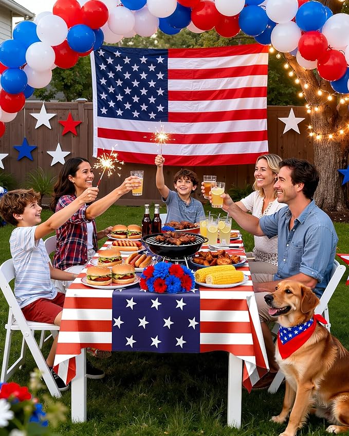 Pureegg 4th of July USA 250th Anniversary Plastic Tablecloth Disposable 8 Pack, Patriotic American Flag Rectangle Table Cover 54 x 108 Inch, Table Cloth for Independence Day BBQ Picnic Party