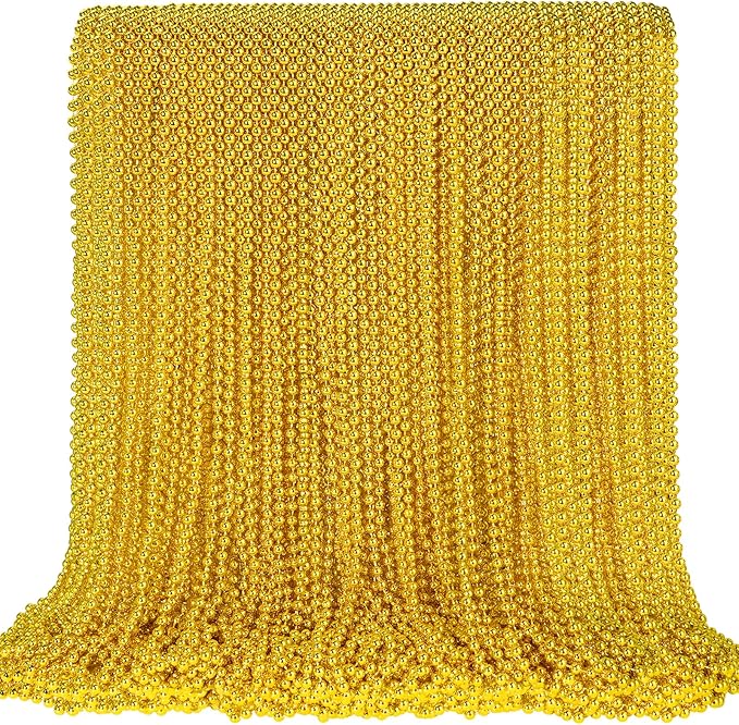SHAOQINLIN 100 PCS Gold Bead Necklace, Gold Mardi Gras Christmas Beads Necklaces 33" Metallic Beaded Costume Necklaces Party Necklaces for Mardi Gras Parade Throws Wedding Birthday Pirate Party Favors