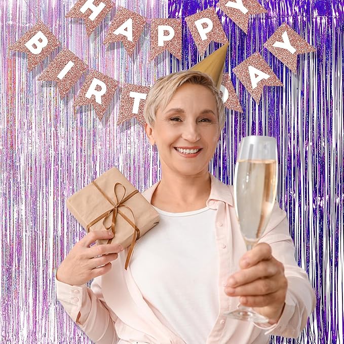 BRAVESHINE 1 Purple 1 Pink Streamers Party Backdrop - 3.2 ft x 8.2 ft Tinsel Foil Fringe Curtains for Valentines/Hunters/Girl/Women/Birthday/Engagement/Bridal Shower/Bachelorette Decorations