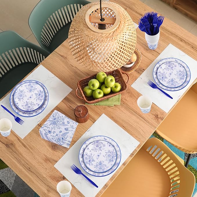 durony 144 Pieces Blue and White Flower Disposable Tableware Set 9 Inch 7 Inch Elegant Floral Paper Plates Blue Floral Cups Napkin and Forks Serve 24 for Birthday Baby Shower Party Supplies