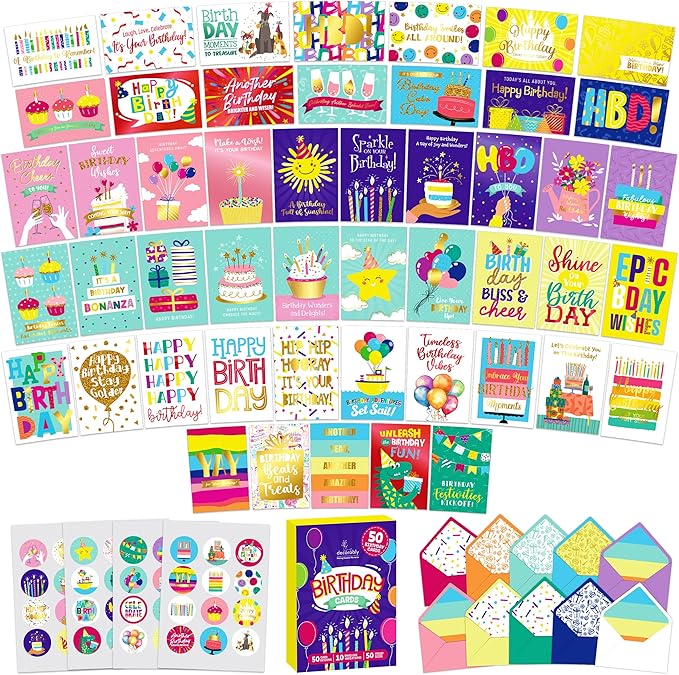 Decorably 50 Pack Foiled & Glittery 6x4in Assorted Adult & Kids Happy Birthday Cards Bulk with Envelopes & Stickers, 50 Unique Designs for Family, Friends & Loved Ones, Printed Message - Gifting