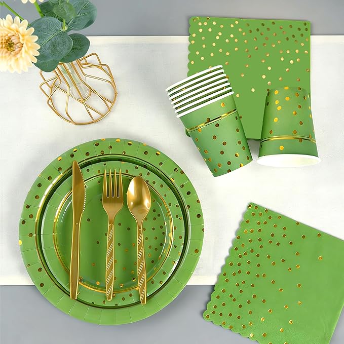 OuMuaMua Disposable Green Paper Plates Party Supplies for 24 Guests, 168 Pcs Green and Gold Party Plates, Cups and Napkins with Utensils Set for Birthday Graduation Party Decor