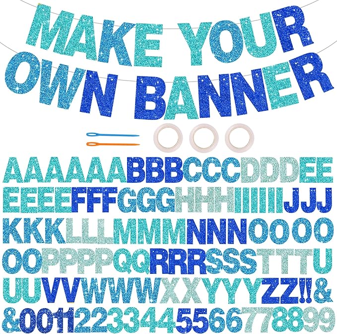 BEISHIDA 116 PCS A-Z DIY Letter Banner Kit Make Your Own Banner Glitter Blue Mix Including 111 Letters and Numbers 3 Rope and 2 Threading Device,Customized for Birthday Graduation Wedding Party Decor
