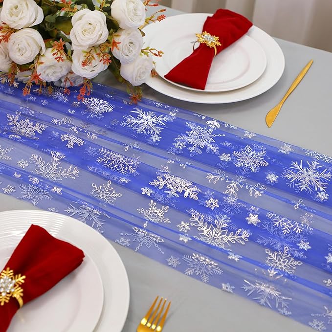 Snowkingdom Blue Silver Christmas Snowflake Table Runner, 10ft Royal Blue Tulle Gauze Sheer 120 Inch Winter Cheesecloth Table Runner for Seasonal Holiday Party, New Year, Wedding Dining Table Decor