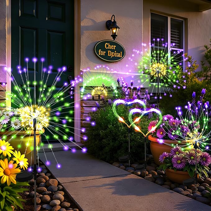 6 Pack Mardi Gras Solar Lights Outdoor, Solar Garden Lights Outside Fairy Firework Decorative,Solar Powered for Mardi Gras,Yard Pathway Party Balcony Patio Decor (Purple, Green, Yellow)