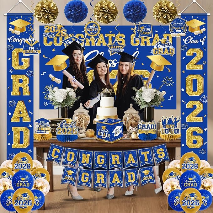 2026 Graduation Decorations - Blue Gold Congrats Grad Party Supplies include Card Box, Backdrop, Banner and Balloons for Class of 2026 Decorations Set