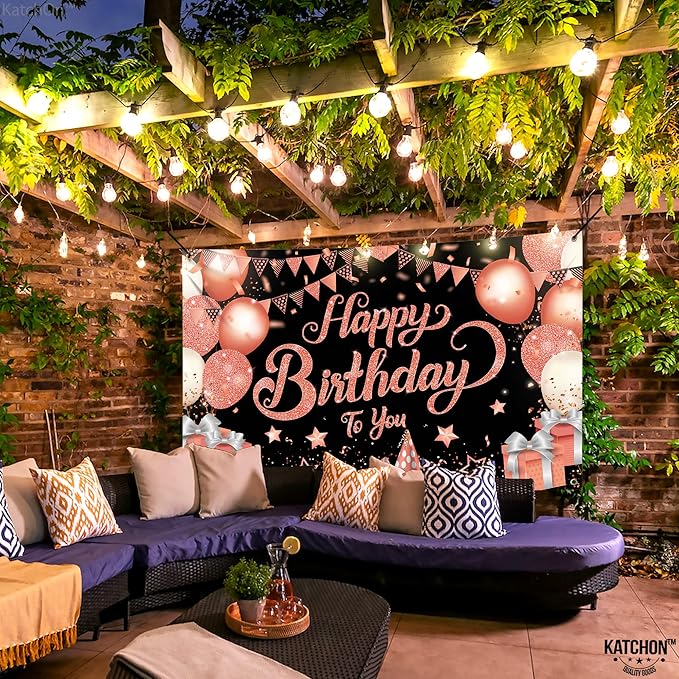 KatchOn, XtraLarge Rose Gold Happy Birthday Banner - 72x44 Inch | Black and Rose Gold Happy Birthday Decorations for Women | Rose Gold Party Decorations, Bday Backdrop for Girls
