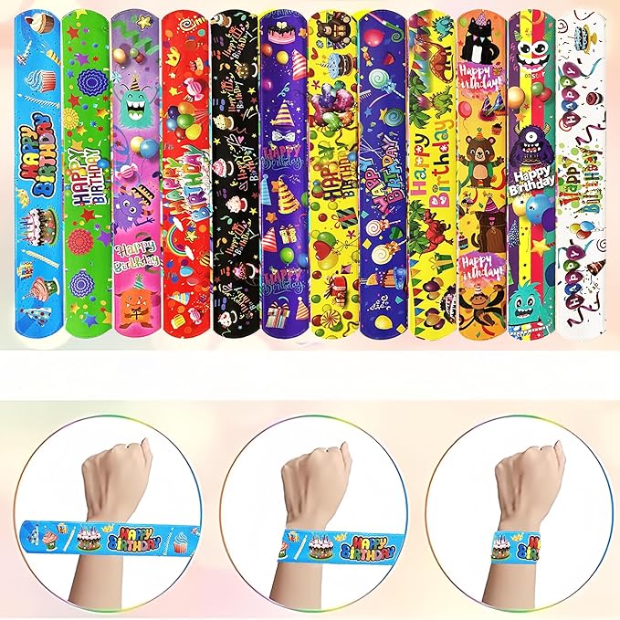 74PCS Happy Birthday Slap Bracelets&Stickers Birthday Theme 24PCS Slap Bracelets 50PCS Stickers Party Favors Basket Bag Filler School Prizes Gifts Party Favors Bulk