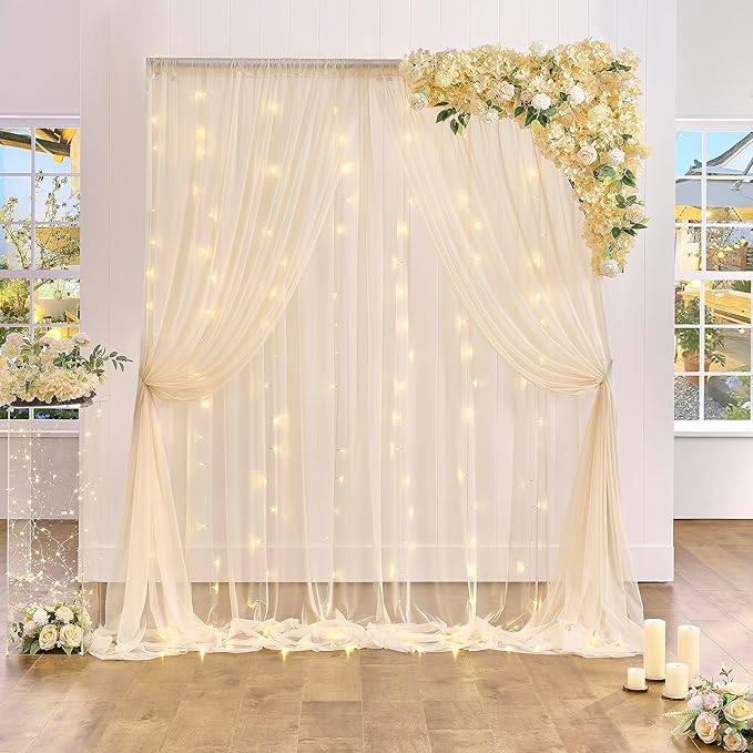 10×15ft Champagne Tulle Backdrop Curtain with Lights String for Parites Sheer Fabric Backdrop Curtains for Wedding Baby Shower Birthday Party Backdrop Drapes Bridal Shower Photo Shoot Background