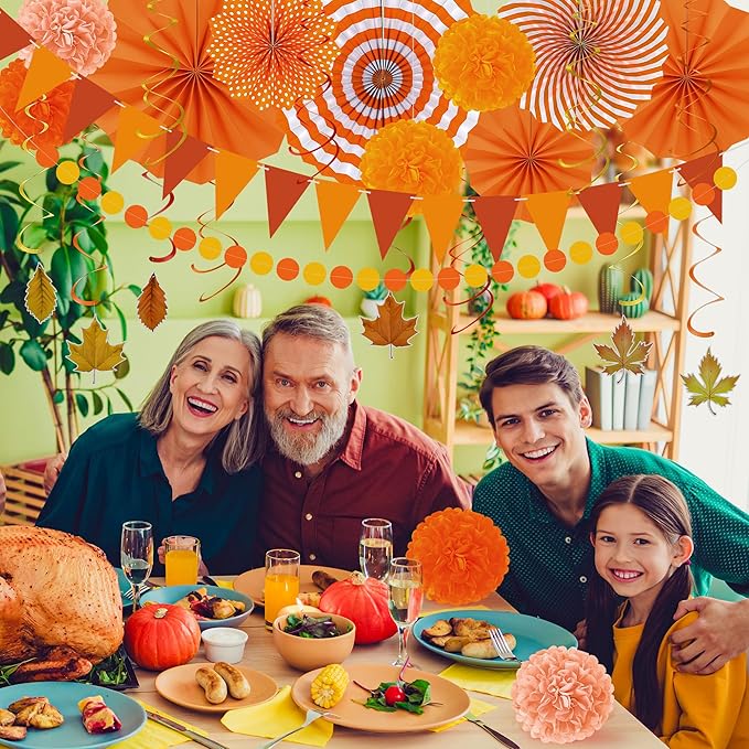 27PCS Thanksgiving Decorations, Happy Thanksgiving Banner, Orange Yellow Harvest Pompom Garland Paper Fan Hanging Swirls for Fall Harvest Party Decorations Decor Accessories Indoor Outdoor Supplies