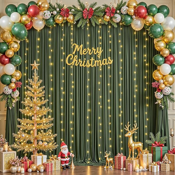20 x 10ft Hunter Green Backdrop Curtains with Lights String Polyester Photo Backdrop Drapes Wrinkle Free Dark Green Long Curtain for Birthday Party Wedding Reception Baby Shower Ceremony-10 x 5ft x 4P