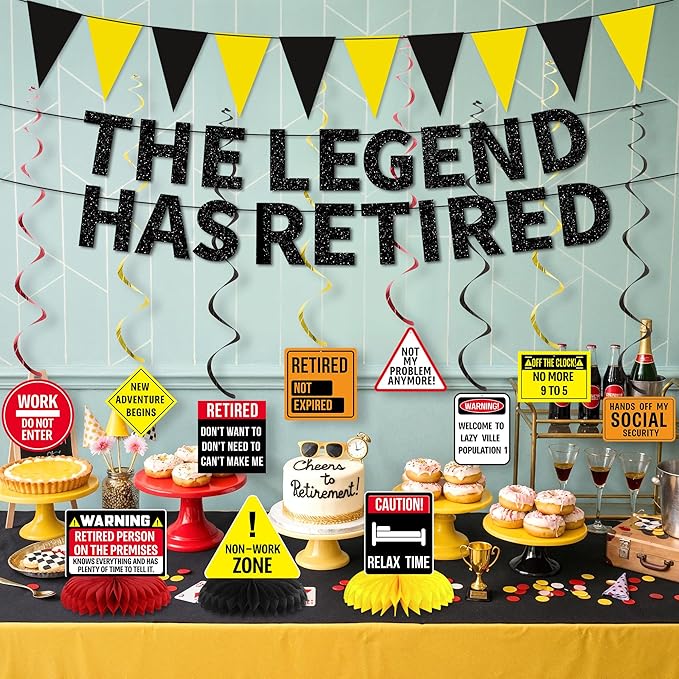 Roetyce Retirement Decorations Men Women, Caution Happy Retirement Banner Hanging Swirls Centerpieces Kit, Funny Legend Retired Party Supplies Backdrop for Coworker Family