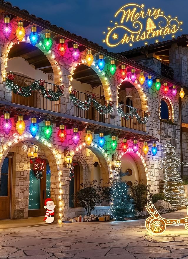 Minetom Strawberry C9 Christmas Jumbo Lights, 2 Pack 10.5 Feet 5 Multicolor Bulb Christmas Pathway Lights Outdoor C7 Light Covered Jumbo Multicolor Light Bulb Decorations for Lawn Outside