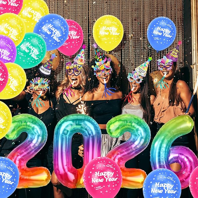 HOWAF 41pcs New Years Eve Party Supplies 2026 Colorful Happy New Year Hats News Years Eve Hats 2026 Glasses Party Blowouts Balloons NYE Party Favors Accessories Kit for Happy New Year Decorations