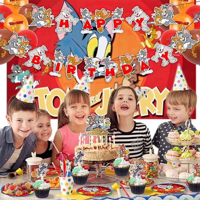"Tom & Jery Happy Birthday Banner – Classic Cartoon Theme Party Decoration – Fun & Colorful Hanging Banner for Birthday Party Supplies – Cartoon Character Birthday Décor for Boys & Girls"